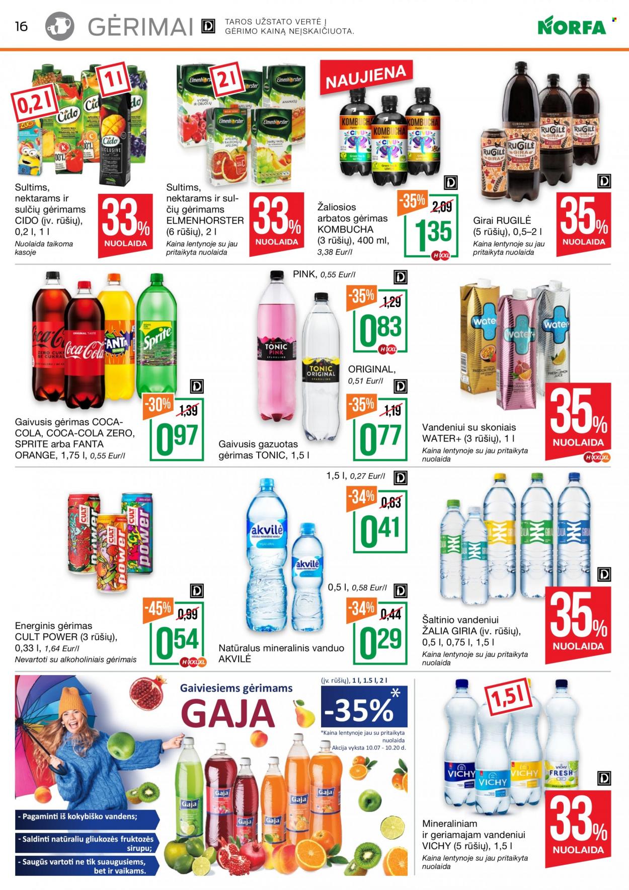 thumbnail - „NORFA“ leidinys - 2021 10 07 - 2021 10 20 - Išpardavimų produktai - Coca-Cola, energinis gėrimas, Fanta, Sprite, vanduo, Kombucha, Rugilė, Vichy. 16 puslapis.