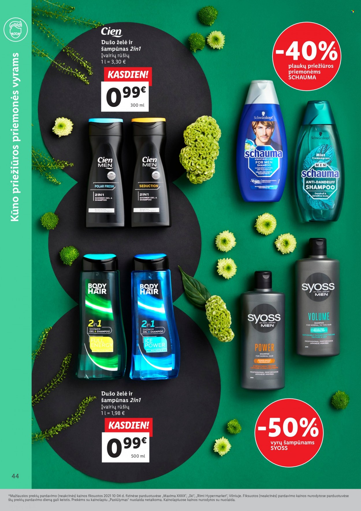 thumbnail - „Lidl“ leidinys - Išpardavimų produktai - dušo želé, shampoo, Schwarzkopf, Syoss, šampūnas, plaukų priežiūros priemonėms, kūno priežiūros. 44 puslapis.