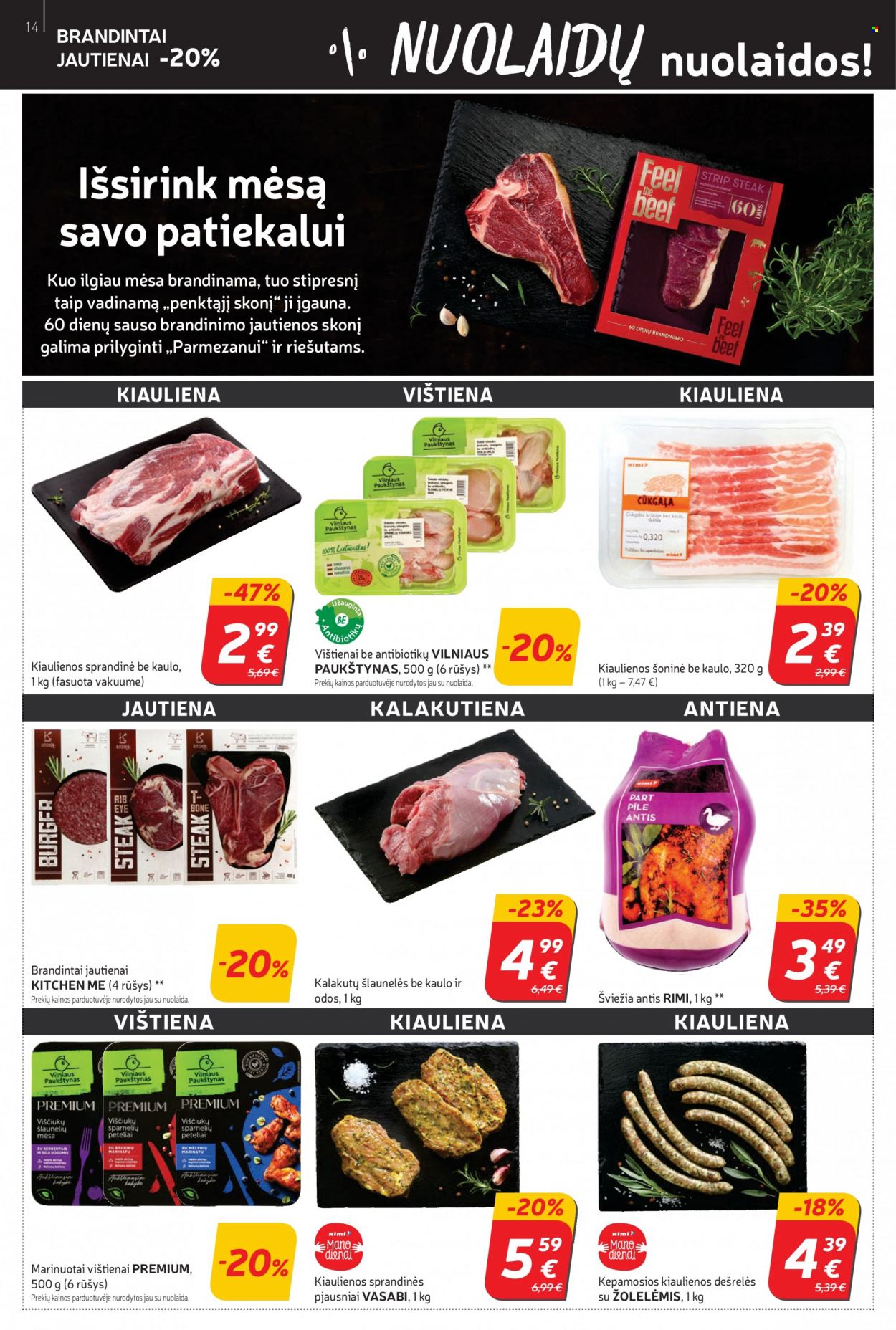 thumbnail - „Rimi“ leidinys - 2021 10 12 - 2021 10 18 - Išpardavimų produktai - kiaulienos sprandinė, dešrelės. 14 puslapis.