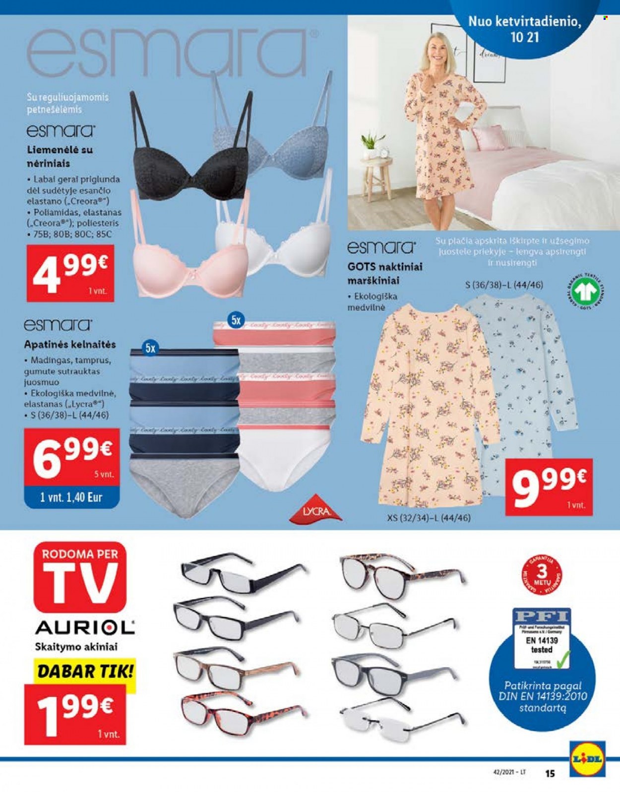 thumbnail - „Lidl“ leidinys - 2021 10 18 - 2021 10 24 - Išpardavimų produktai - kelnaitės, liemenėlė, akiniai. 15 puslapis.