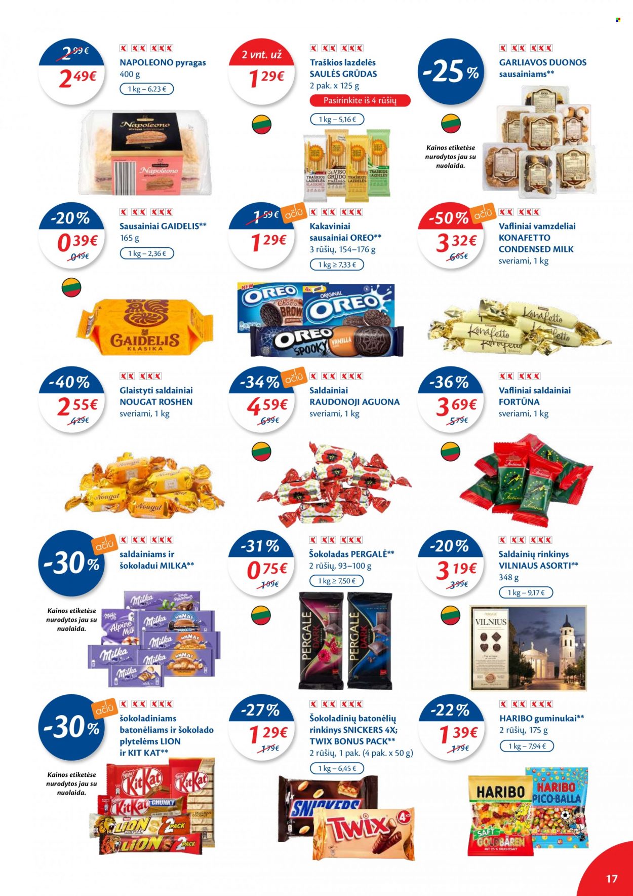 thumbnail - „Maxima“ leidinys - 2021 10 19 - 2021 10 25 - Išpardavimų produktai - pyragas, Milka, Oreo, saldainiai, sausainiai, Snickers, šokoladas, Twix. 17 puslapis.