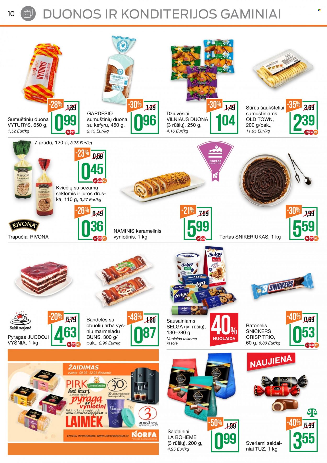 thumbnail - „NORFA“ leidinys - 2021 10 21 - 2021 11 03 - Išpardavimų produktai - duona, pyragas, tortas, saldainiai, Snickers. 10 puslapis.