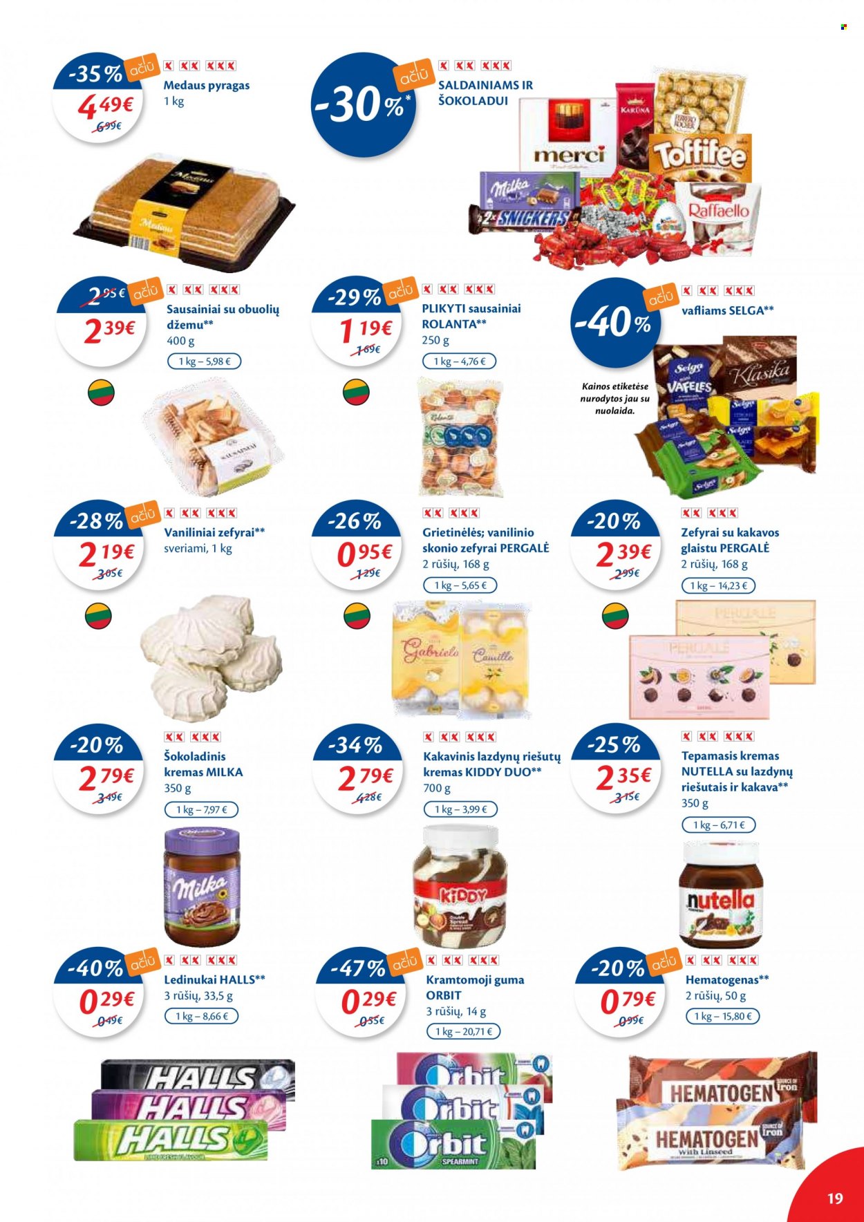 thumbnail - „Maxima“ leidinys - 2021 10 26 - 2021 11 01 - Išpardavimų produktai - pyragas, vafliams, Milka, Halls, sausainiai, Nutella, kremas. 19 puslapis.