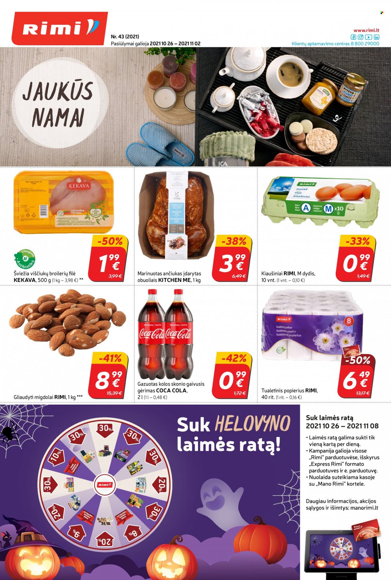 thumbnail - „Rimi“ leidinys - 2021 10 26 - 2021 11 02 - Išpardavimų produktai - viščiukų filė, kiaušiniai, Coca-Cola. 1 puslapis.