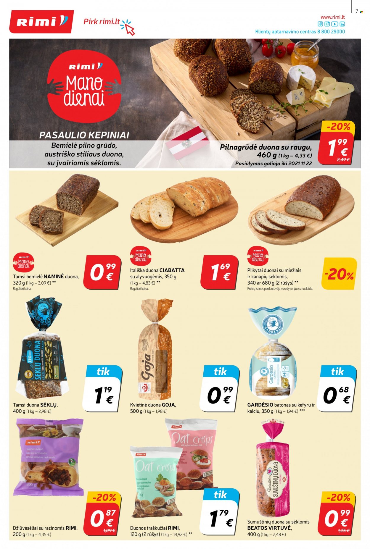 thumbnail - „Rimi“ leidinys - 2021 10 26 - 2021 11 02 - Išpardavimų produktai - batonas, ciabatta, duona, traškučiai. 7 puslapis.