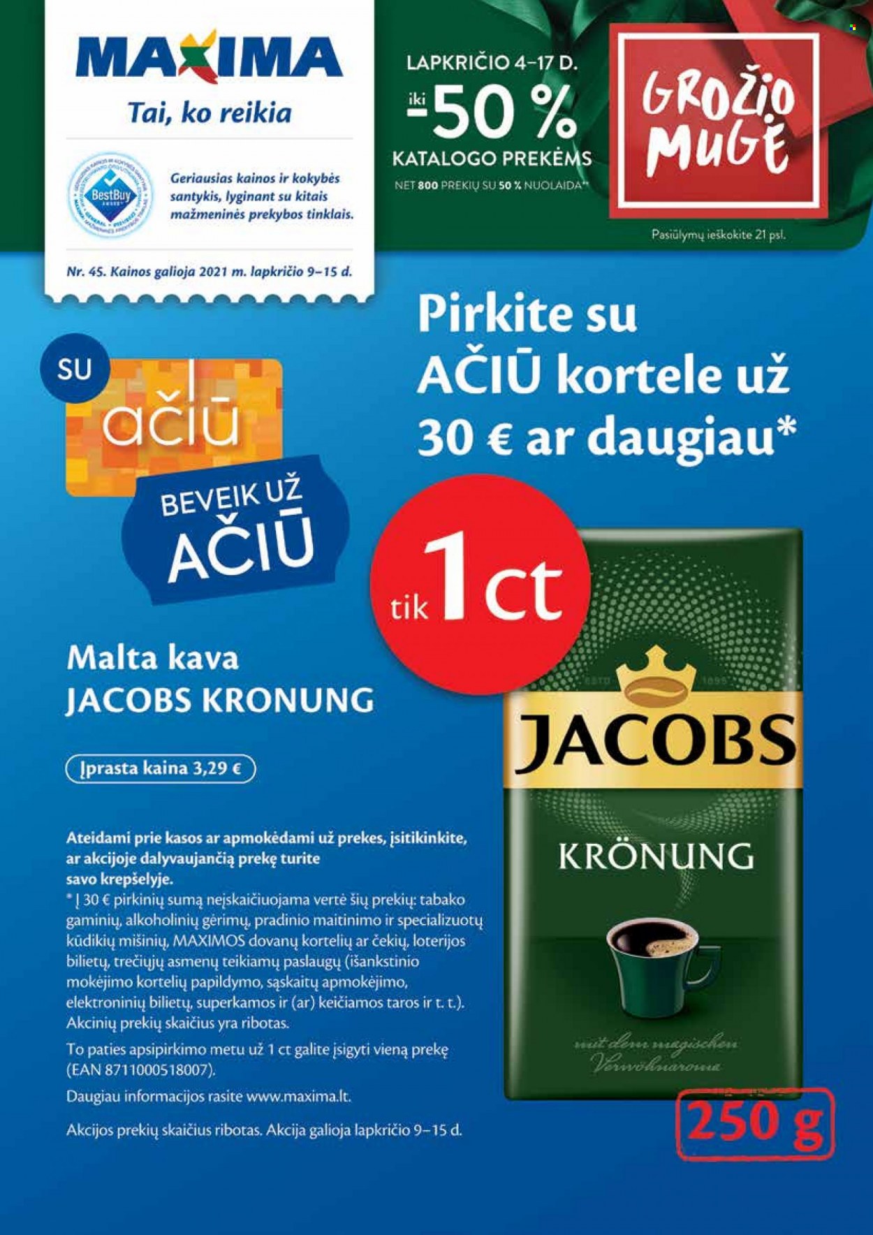 thumbnail - „Maxima“ leidinys - 2021 11 09 - 2021 11 15 - Išpardavimų produktai - Jacobs, malta kava, Jacobs Krönung, kava. 1 puslapis.