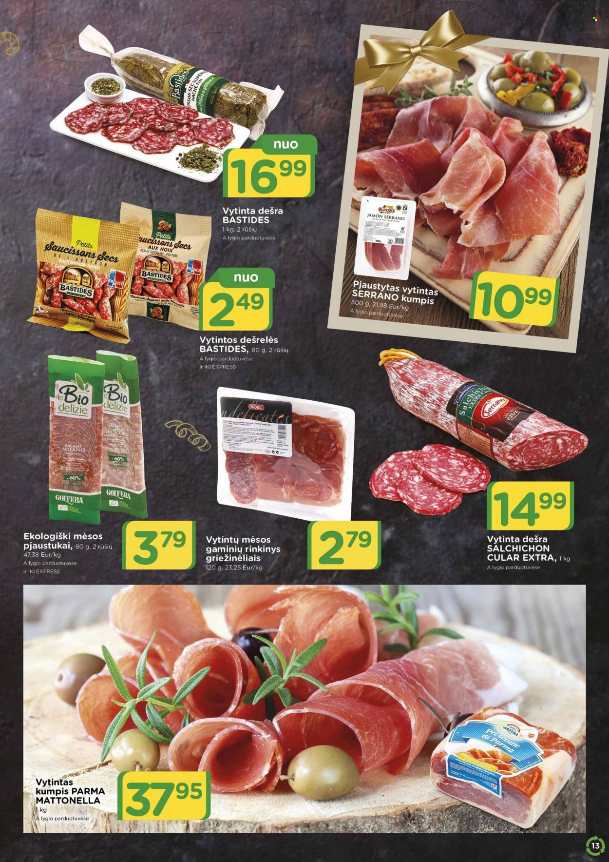 thumbnail - „iki“ leidinys - 2021 11 08 - 2021 12 26 - Išpardavimų produktai - salami, dešra, dešrelės, vytinta dešra, jamón serrano. 13 puslapis.