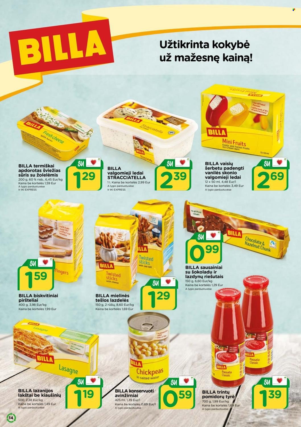 thumbnail - „iki“ leidinys - 2022 01 03 - 2022 01 30 - Išpardavimų produktai - lasagne, sūris, sausainiai. 14 puslapis.