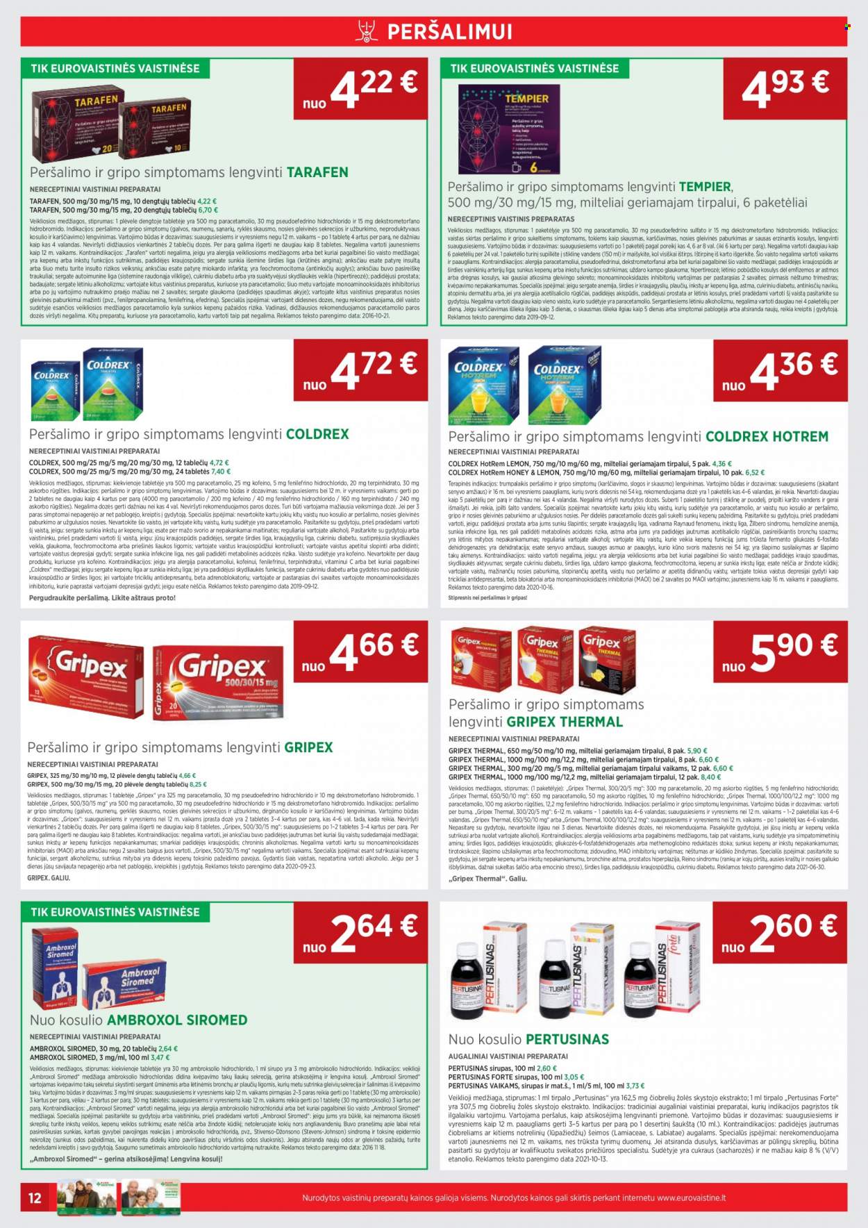 thumbnail - „EUROVAISTINĖ“ leidinys - 2022 01 04 - 2022 01 31 - Išpardavimų produktai - Ambroxol Siromed, Coldrex. 12 puslapis.