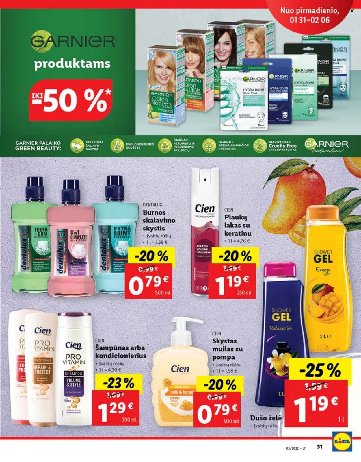 thumbnail - „Lidl“ leidinys - 2022 01 31 - 2022 02 06 - Išpardavimų produktai - dušo želé, shampoo, šampūnas, Garnier. 31 puslapis.
