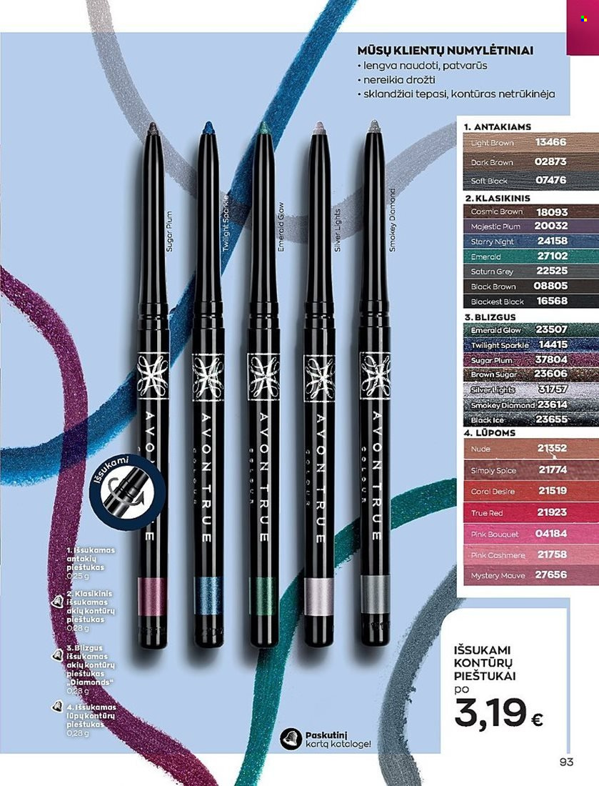 thumbnail - „Avon“ leidinys - 2022 05 01 - 2022 05 31 - Išpardavimų produktai - Avon, antakių pieštukas, lūpų kontūrų pieštukas. 93 puslapis.