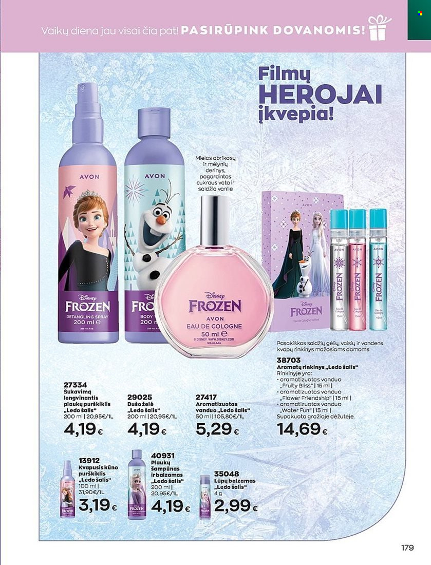 thumbnail - „Avon“ leidinys - 2022 05 01 - 2022 05 31 - Išpardavimų produktai - Disney Frozen, Avon, dušo želé, plaukų šampūnas, šampūnas, lūpų balzamas, Disney. 179 puslapis.