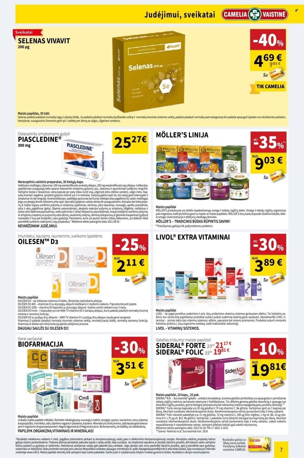 thumbnail - „CAMELIA Vaistinė“ leidinys - 2022 05 01 - 2022 05 31 - Išpardavimų produktai - B12, Livol, Magnis, maisto papildai, Möller’s, omega 3. 7 puslapis.
