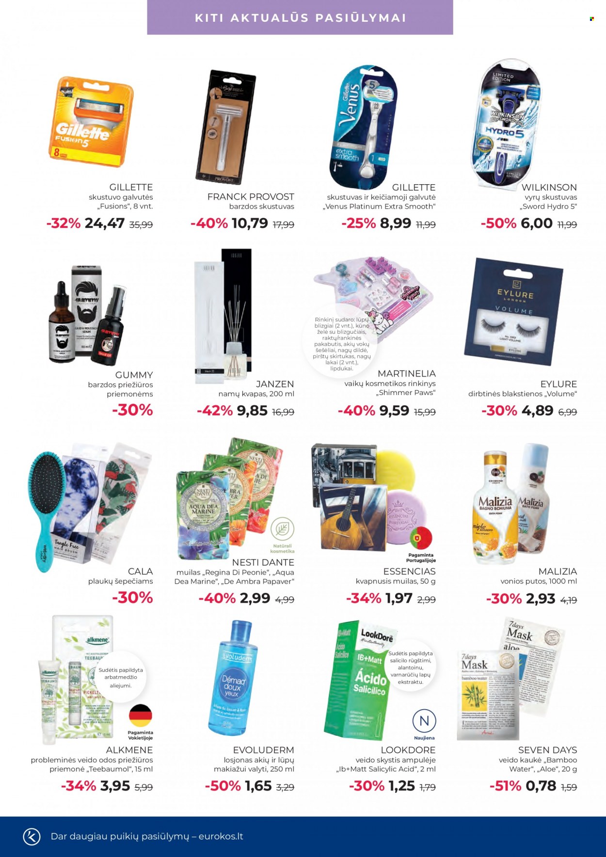 thumbnail - „Eurokos“ leidinys - 2022 05 03 - 2022 05 30 - Išpardavimų produktai - Franck Provost, vonios putos, kūno želė, losjonas, Eylure, vokų šešėliai. 12 puslapis.