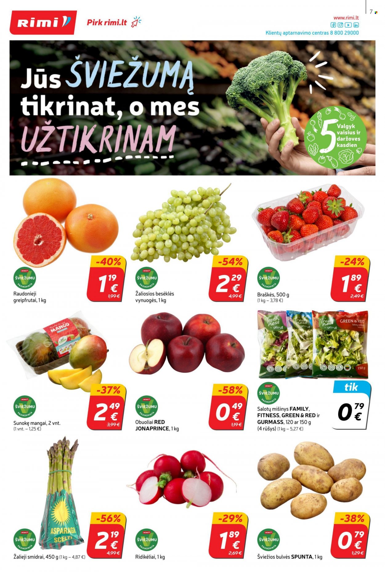 „Rimi“ leidinys - 2022 05 10 - 2022 05 16 - Išpardavimų produktai - braškės, bulvės, greipfrutai, mango, obuoliai, ridikėliai, vynuogės. 7 puslapis.