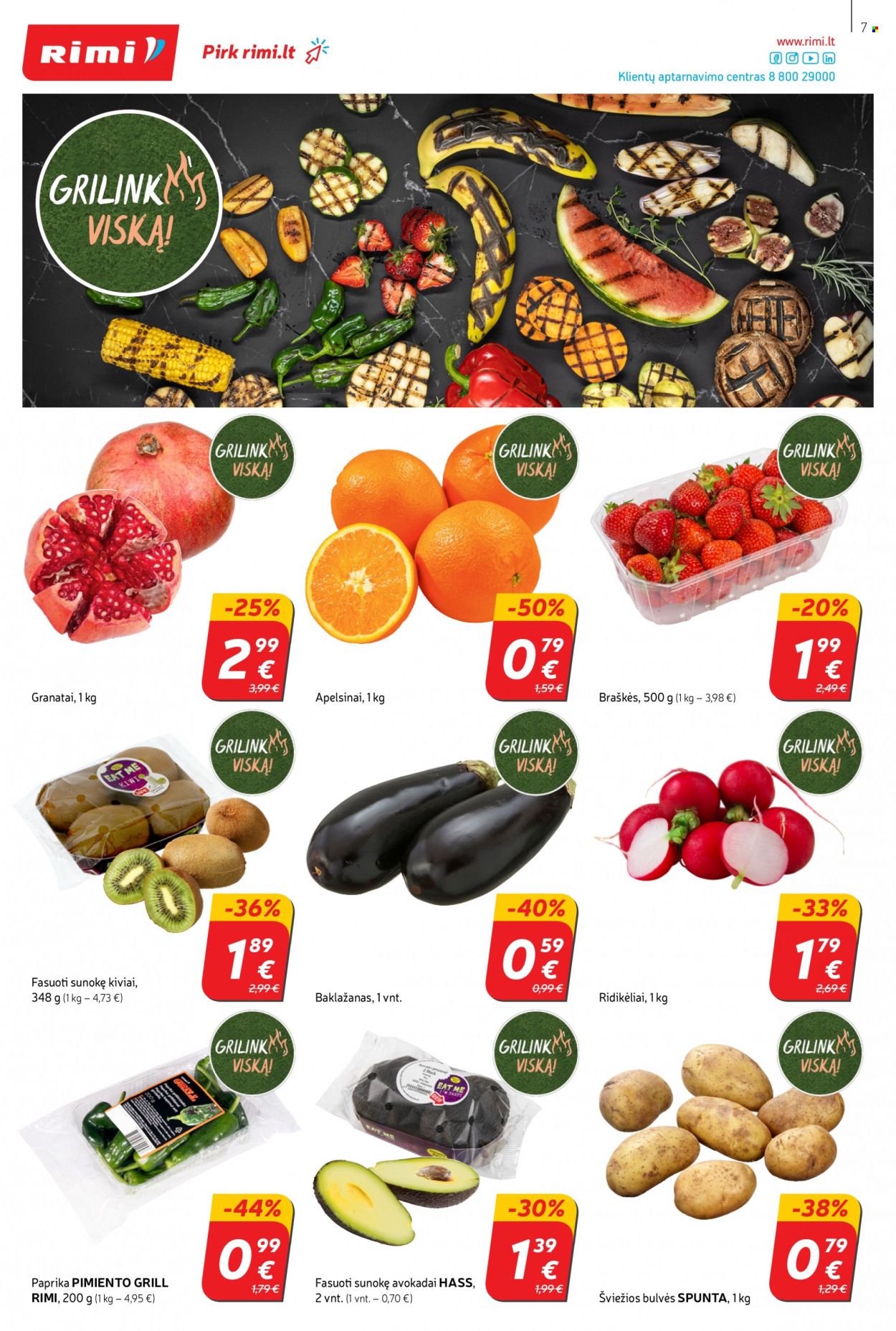 thumbnail - „Rimi“ leidinys - 2022 05 24 - 2022 05 30 - Išpardavimų produktai - baklažanai, bulvės, ridikėliai, avokadas, braškės. 7 puslapis.