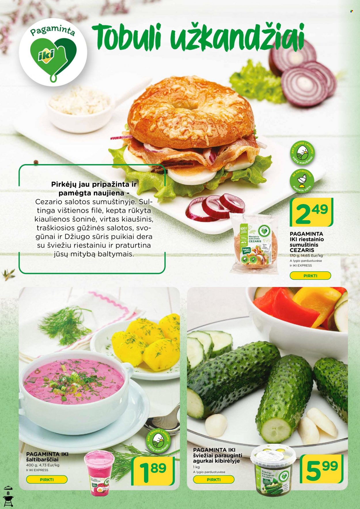 thumbnail - „iki“ leidinys - 2022 05 30 - 2022 07 31 - Išpardavimų produktai - salotos, šaltibarščiai, sūris, kiaušiniai, šviežiai parauginti agurkai. 8 puslapis.