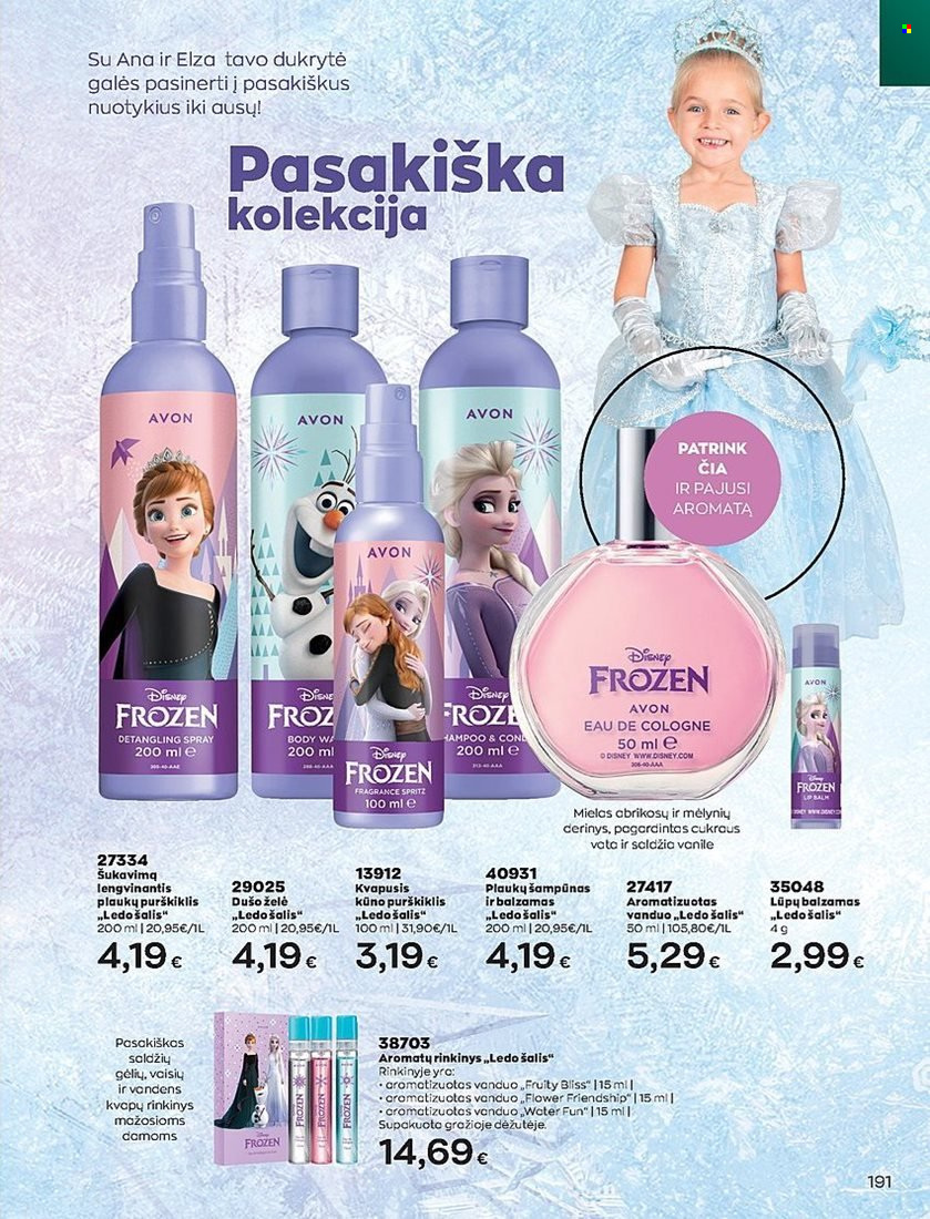 thumbnail - „Avon“ leidinys - 2022 06 01 - 2022 06 30 - Išpardavimų produktai - Disney Frozen, Avon, dušo želé, plaukų šampūnas, šampūnas, lūpų balzamas, Disney, kūno purškiklis. 191 puslapis.