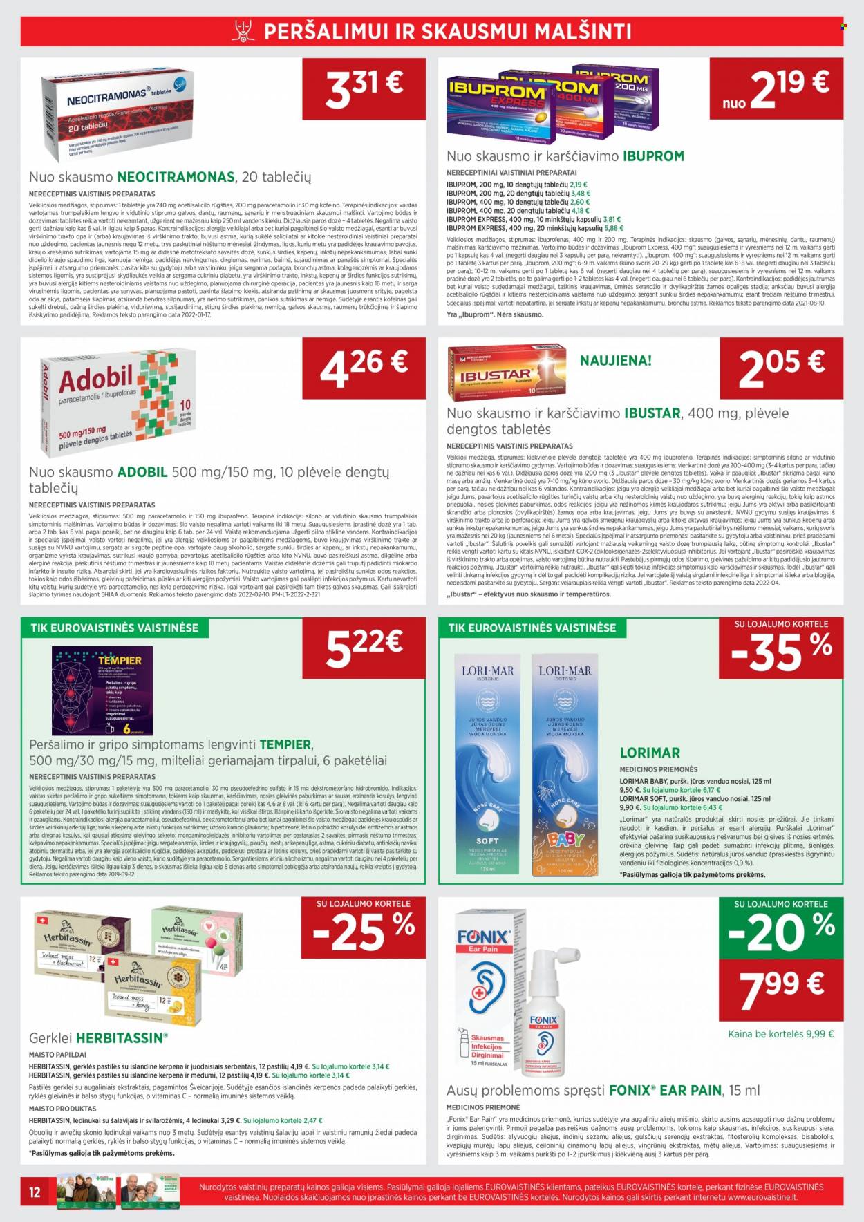 thumbnail - „EUROVAISTINĖ“ leidinys - 2022 06 01 - 2022 06 30 - Išpardavimų produktai - Herbitassin, Ibuprom, maisto papildai, pirmosios pagalbos rinkinys. 12 puslapis.
