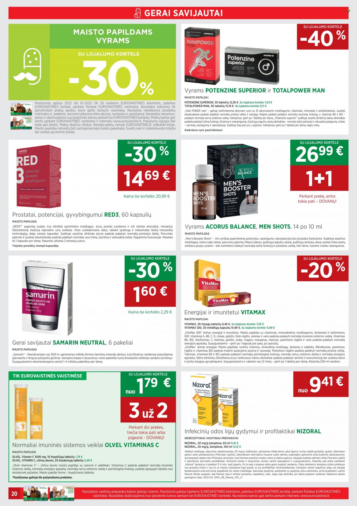 thumbnail - „EUROVAISTINĖ“ leidinys - 2022 06 01 - 2022 06 30 - Išpardavimų produktai - šampūnas, B12, Magnis, maisto papildai, Red3, Samarin, vitamin c. 20 puslapis.