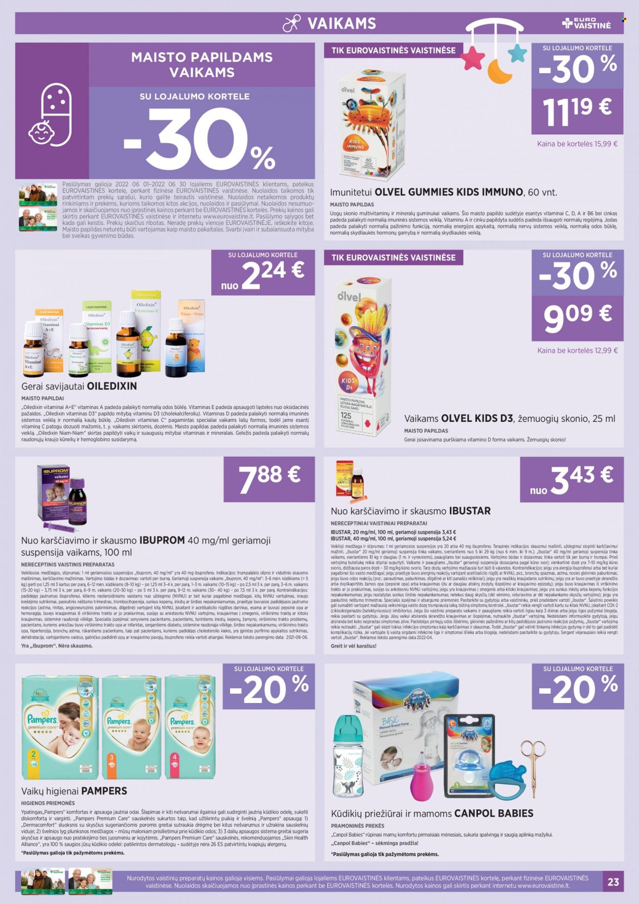thumbnail - „EUROVAISTINĖ“ leidinys - 2022 06 01 - 2022 06 30 - Išpardavimų produktai - Ibuprom, maisto papildai. 23 puslapis.