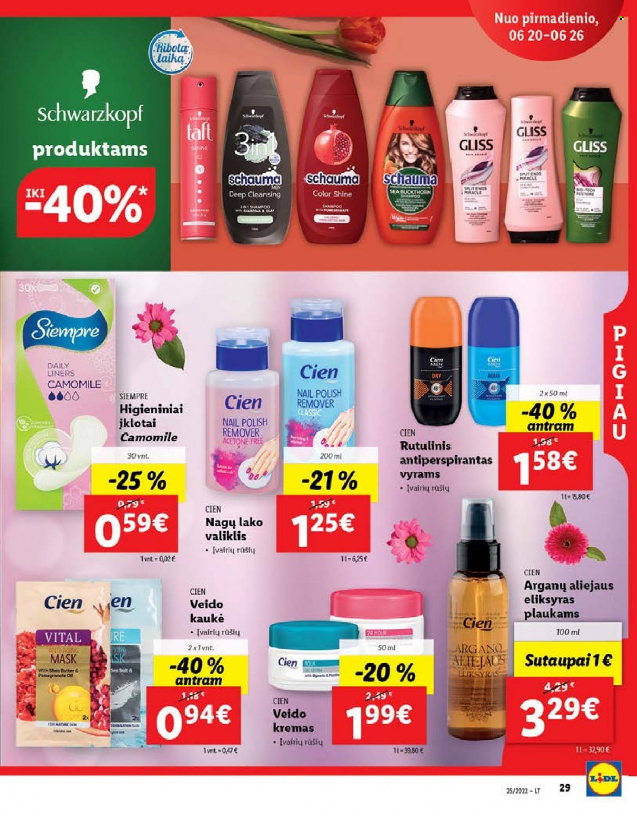 thumbnail - „Lidl“ leidinys - 2022 06 20 - 2022 06 26 - Išpardavimų produktai - shampoo, Schwarzkopf, veido kremas, kremas, antiperspirantas, Eliksyras, Vital. 29 puslapis.