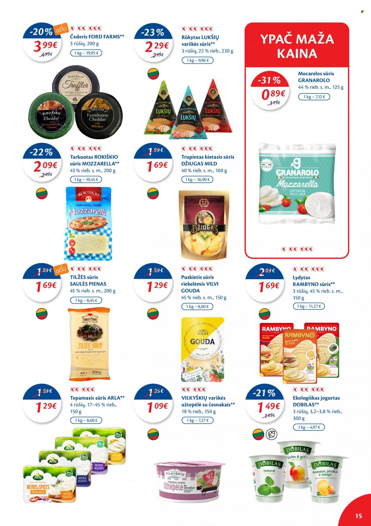 „Maxima“ leidinys - 2022 06 21 - 2022 06 27 - Išpardavimų produktai - arla, gouda, mozzarella, pienas, sūris. 15 puslapis.
