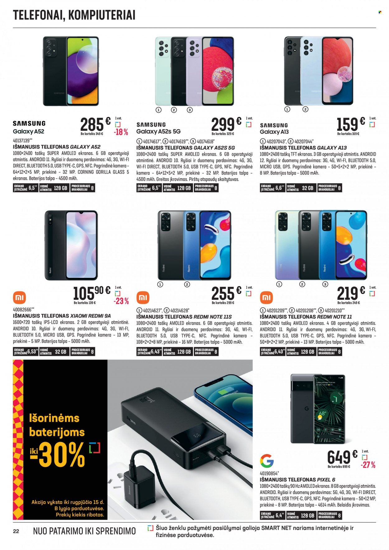 thumbnail - „Senukai“ leidinys - 2022 07 13 - 2022 08 15 - Išpardavimų produktai - Xiaomi, Samsung Galaxy, telefonas. 22 puslapis.