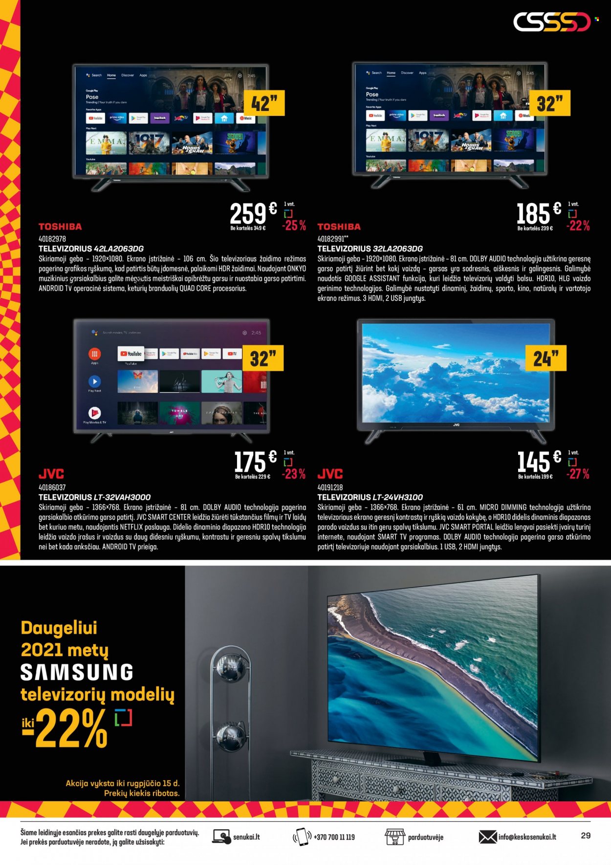 thumbnail - „Senukai“ leidinys - 2022 07 13 - 2022 08 15 - Išpardavimų produktai - android tv, televizorius, Onkyo, JVC. 29 puslapis.