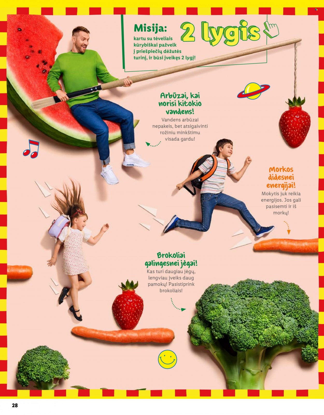 thumbnail - „Lidl“ leidinys - Išpardavimų produktai - arbūzas, brokoliai, morkos. 28 puslapis.