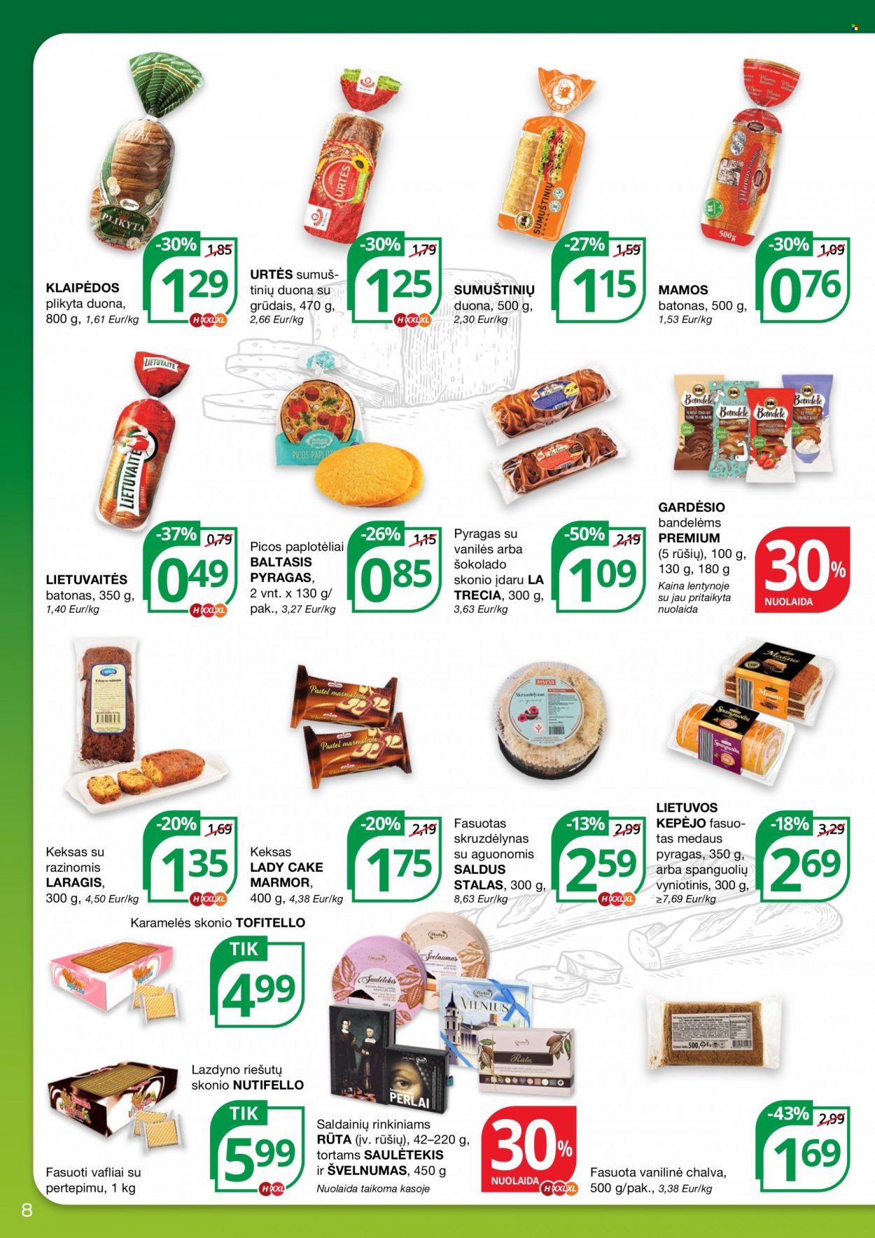 thumbnail - „NORFA“ leidinys - 2022 07 28 - 2022 08 10 - Išpardavimų produktai - batonas, duona, pyragas, vafliai, karamelės. 8 puslapis.