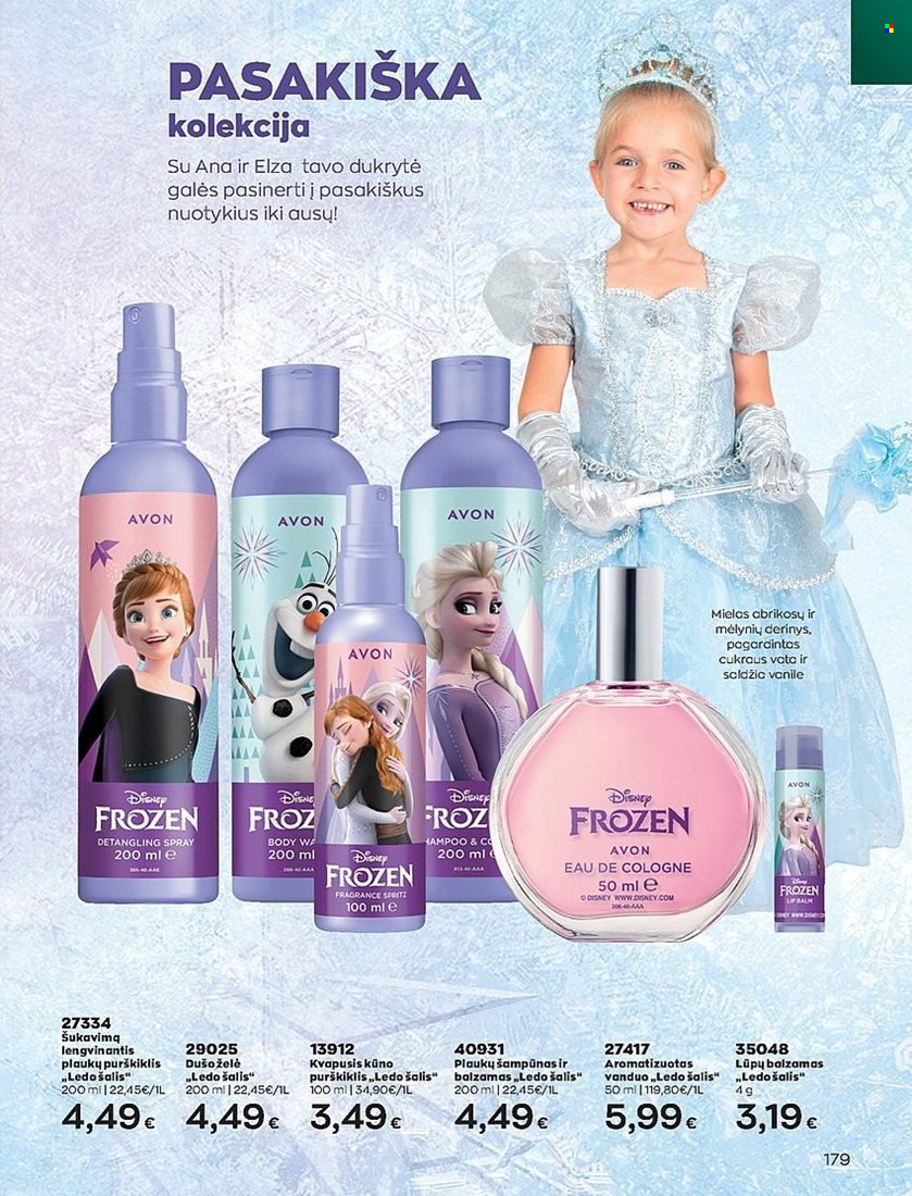 thumbnail - „Avon“ leidinys - 2022 08 01 - 2022 08 31 - Išpardavimų produktai - Disney Frozen, Avon, dušo želé, plaukų šampūnas, šampūnas, lūpų balzamas, Disney, kūno purškiklis. 179 puslapis.