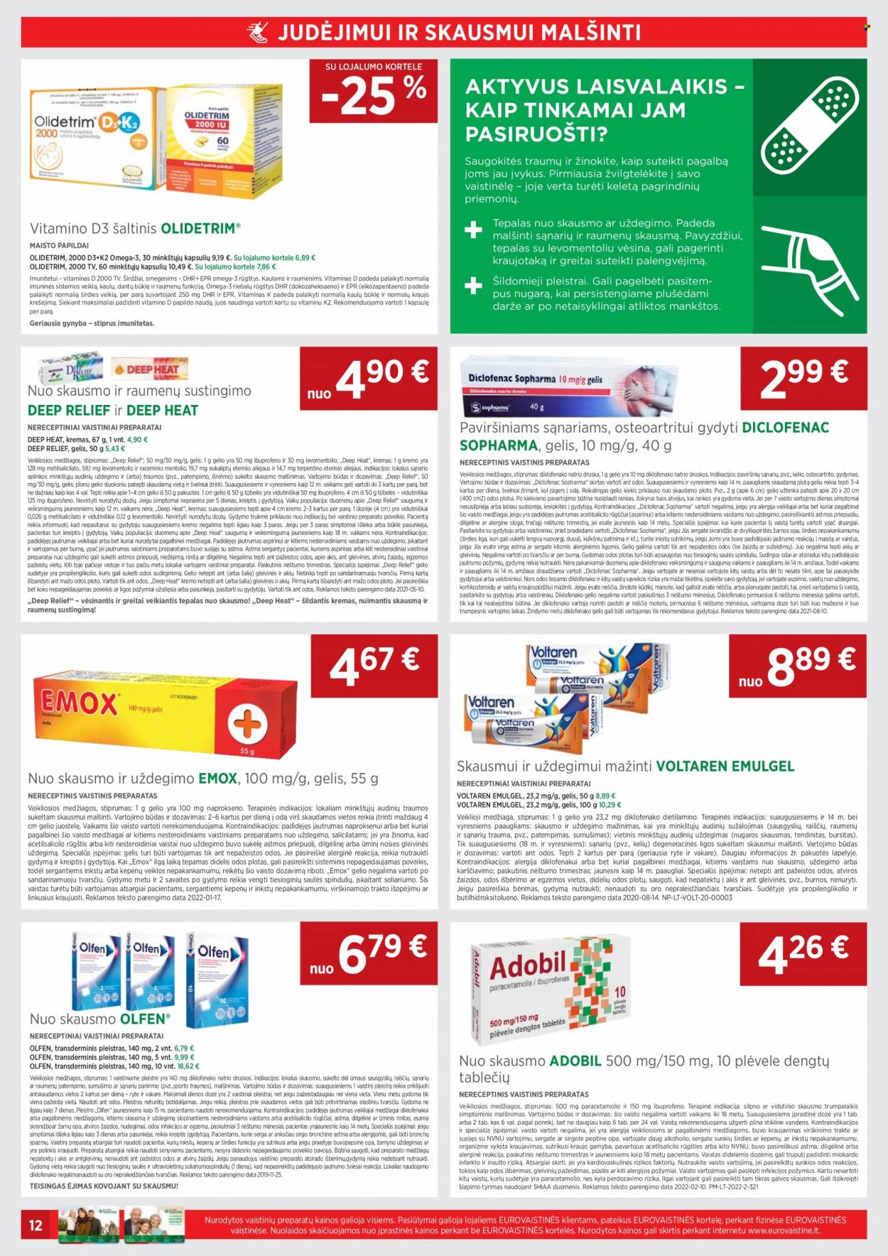 thumbnail - „EUROVAISTINĖ“ leidinys - 2022 08 01 - 2022 08 31 - Išpardavimų produktai - kremas, maisto papildai, Olfen, omega 3, Voltaren, pleistrai. 12 puslapis.