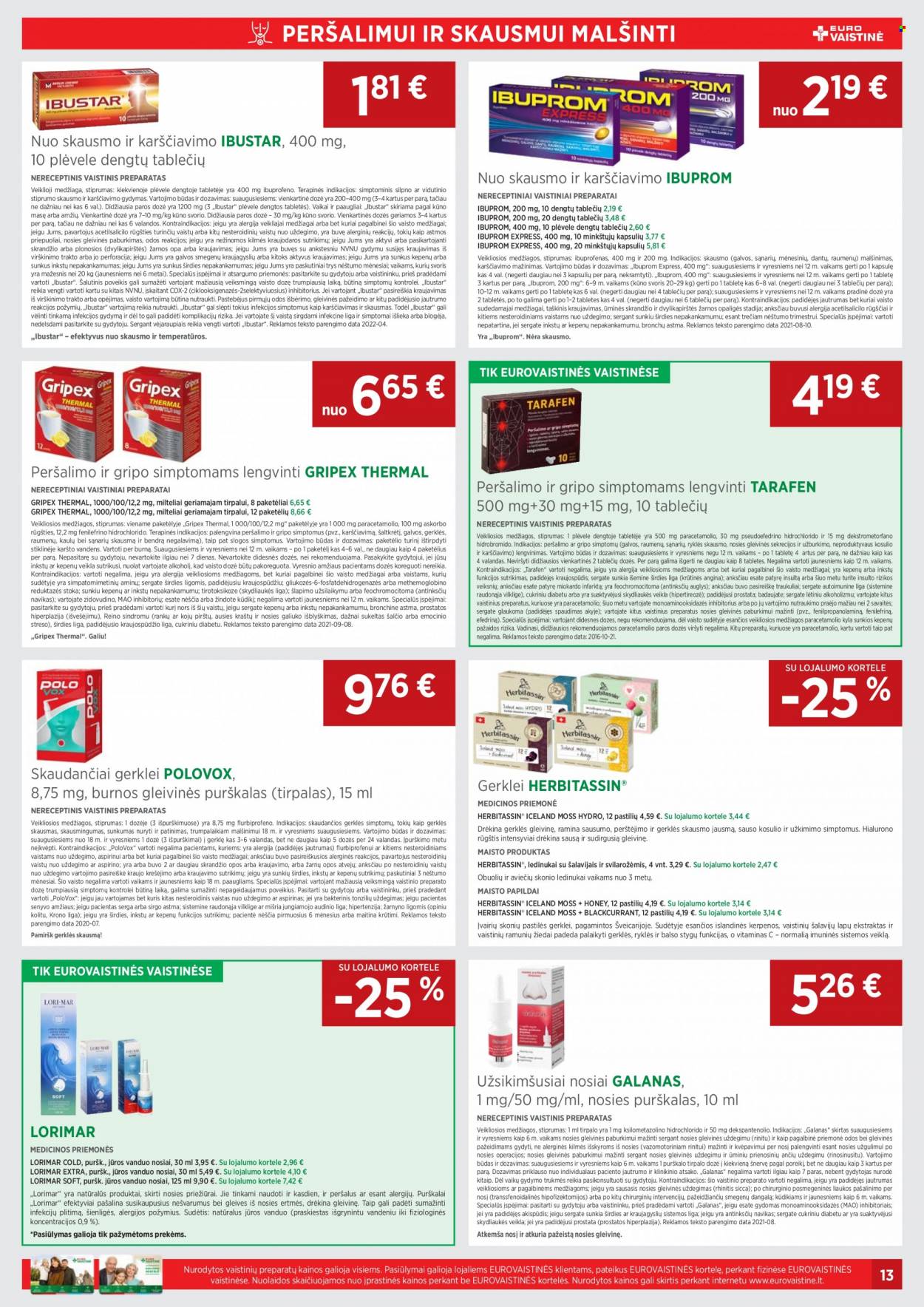 thumbnail - „EUROVAISTINĖ“ leidinys - 2022 08 01 - 2022 08 31 - Išpardavimų produktai - Herbitassin, Ibuprom, maisto papildai. 13 puslapis.