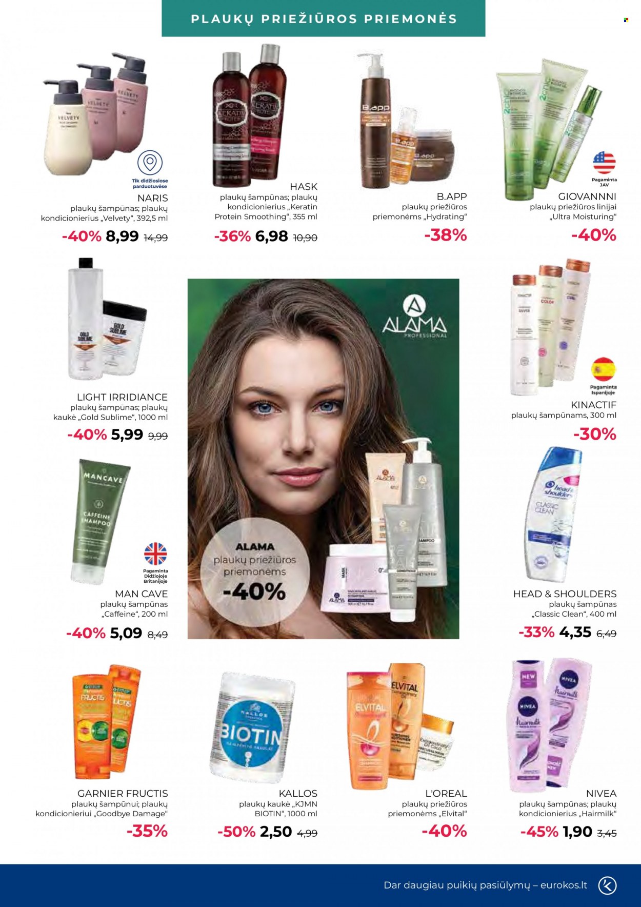 thumbnail - „Eurokos“ leidinys - 2022 08 02 - 2022 08 30 - Išpardavimų produktai - Fructis, Garnier Fructis, Head & Shoulders, keratin, L'Oréal, Nivea, plaukų šampūnas, šampūnas, Garnier, plaukų priežiūros priemonėms. 7 puslapis.