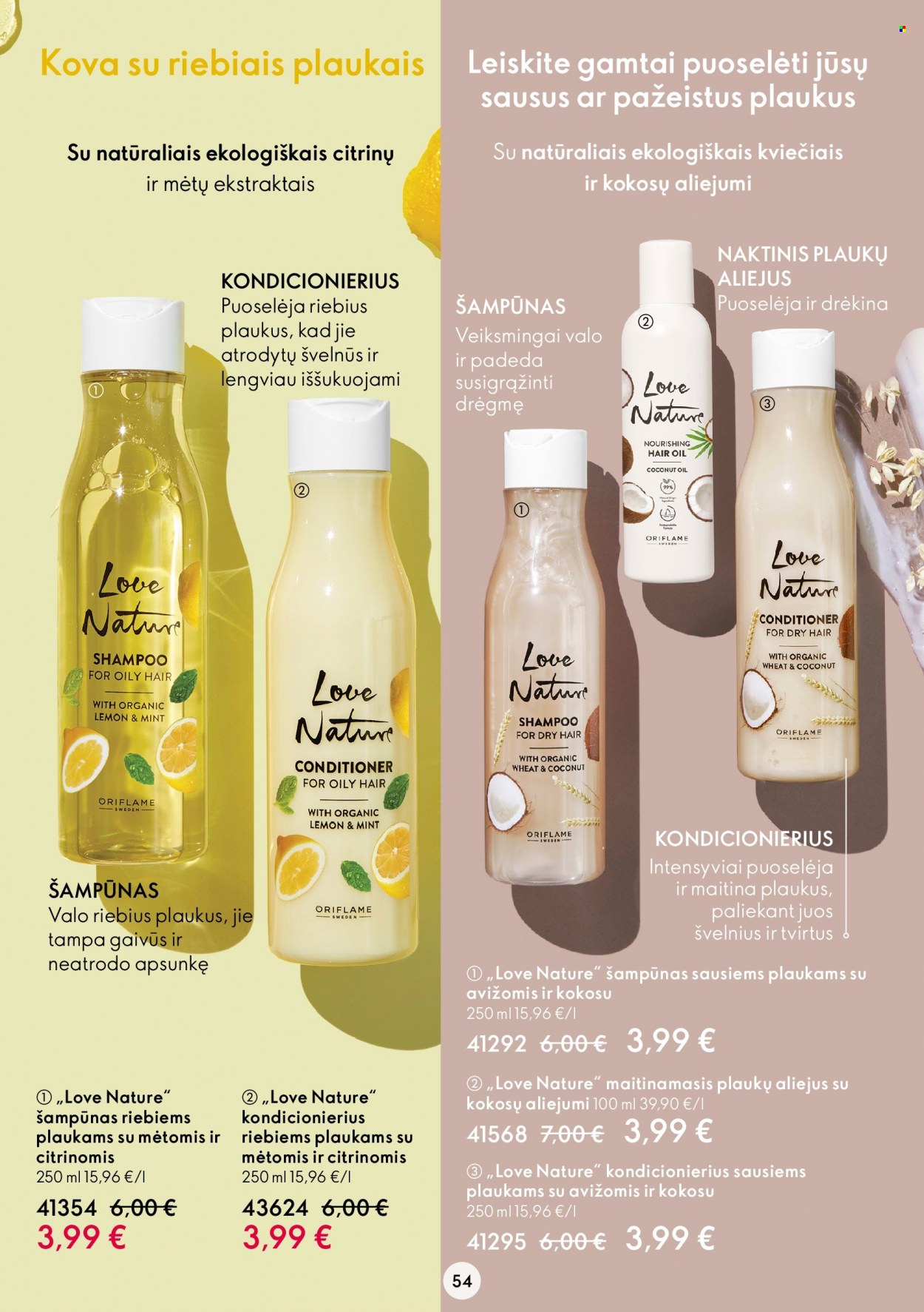 thumbnail - „Oriflame“ leidinys - 2022 08 03 - 2022 08 23 - Išpardavimų produktai - shampoo, šampūnas, Love Nature. 54 puslapis.