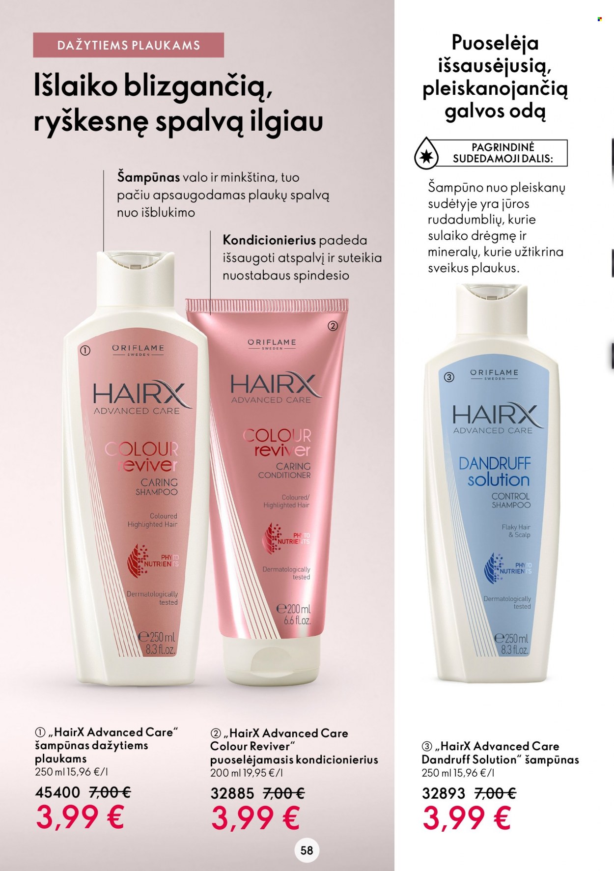 thumbnail - „Oriflame“ leidinys - 2022 08 03 - 2022 08 23 - Išpardavimų produktai - shampoo, šampūnas, HairX. 58 puslapis.