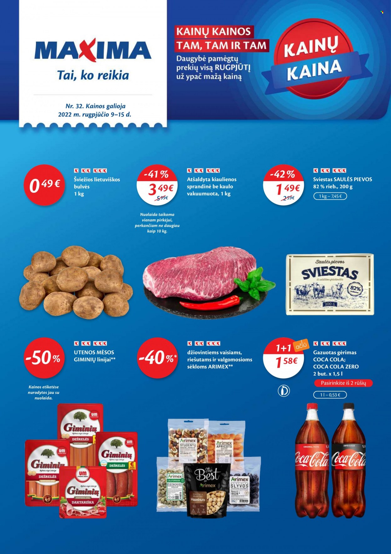thumbnail - „Maxima“ leidinys - 2022 08 09 - 2022 08 15 - Išpardavimų produktai - bulvės, slyva, kiaulienos sprandinė, dešrelės, sviestas, Coca-Cola. 1 puslapis.