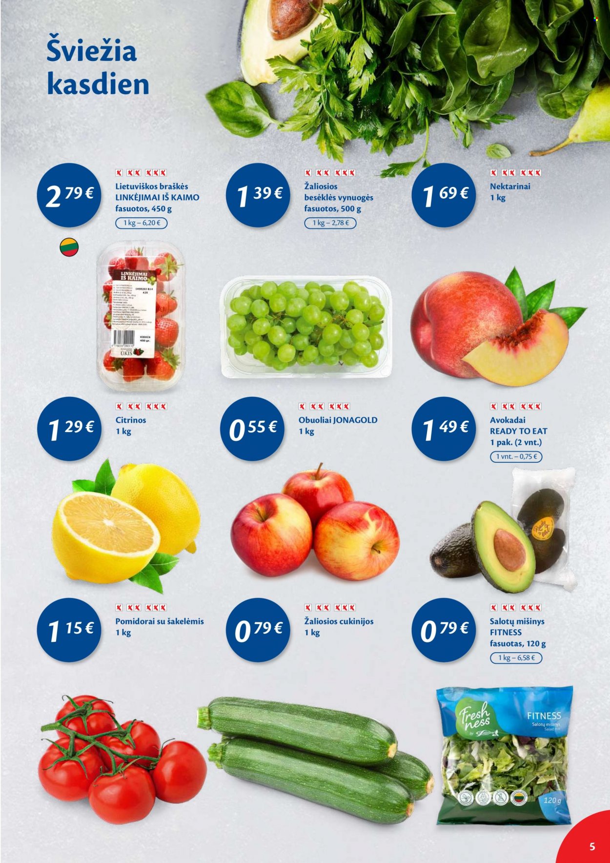 thumbnail - „Maxima“ leidinys - 2022 08 09 - 2022 08 15 - Išpardavimų produktai - cukinijos, pomidorai, avokadas, braškės, obuolys, vynuogės, citrinos, nektarinai. 5 puslapis.