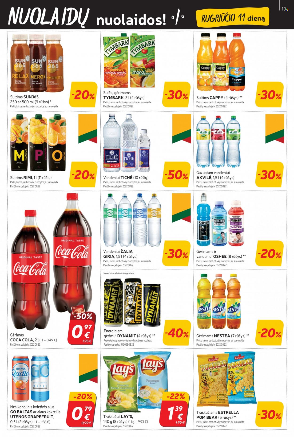thumbnail - „Rimi“ leidinys - 2022 08 09 - 2022 08 15 - Išpardavimų produktai - Lay’s, traškučiai, Coca-Cola, alus, kvietinis alus. 19 puslapis.