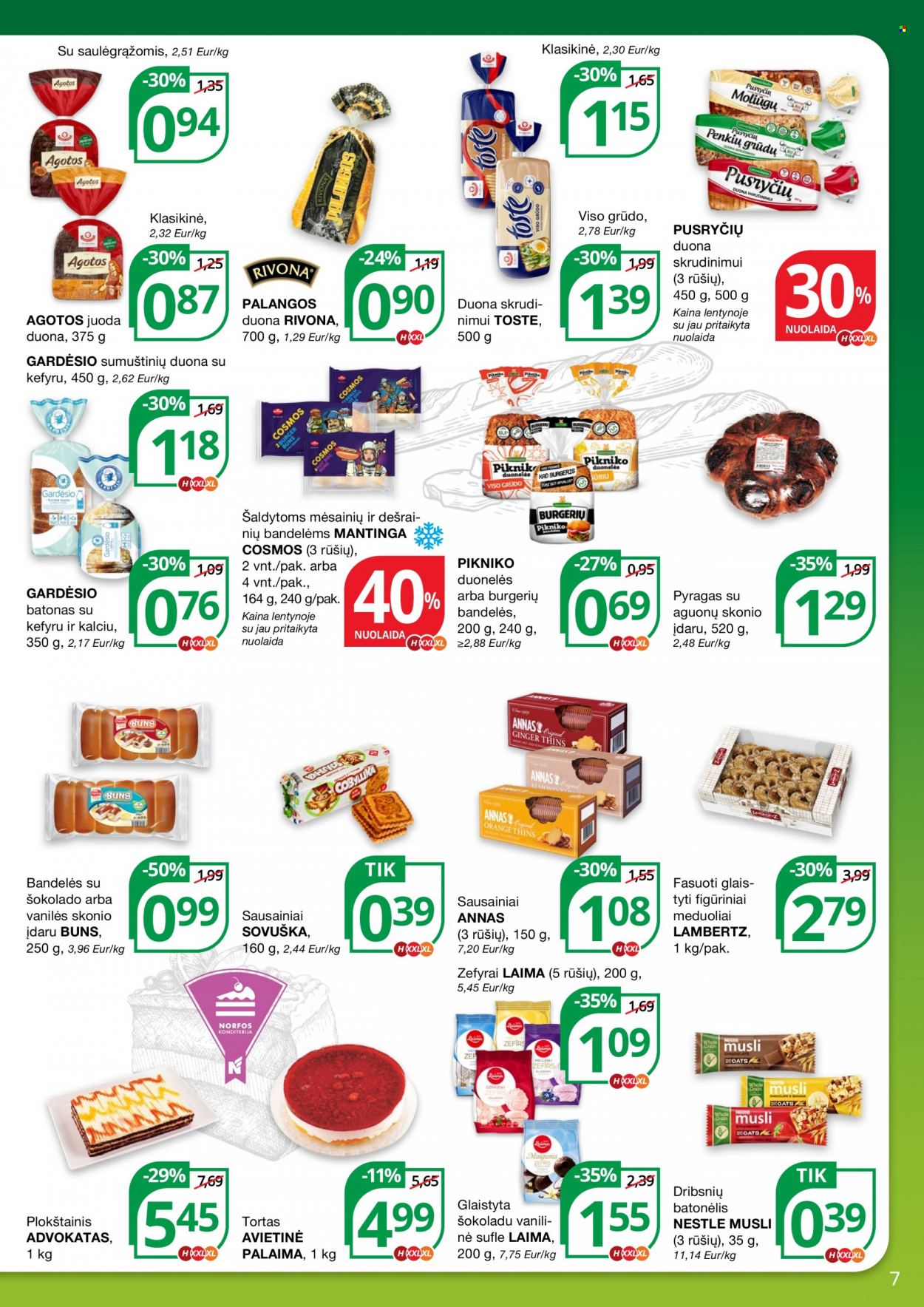 thumbnail - „NORFA“ leidinys - 2022 08 11 - 2022 08 24 - Išpardavimų produktai - batonas, duona, pyragas, tortas, Nestlé, sausainiai, müsli. 7 puslapis.