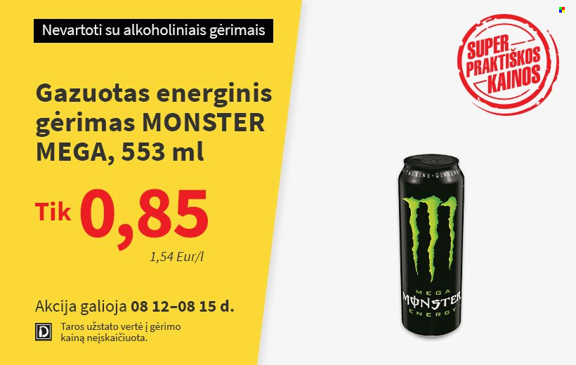 thumbnail - „NORFA“ leidinys - 2022 08 12 - 2022 08 15 - Išpardavimų produktai - energinis gėrimas, Monster Energy. 1 puslapis.