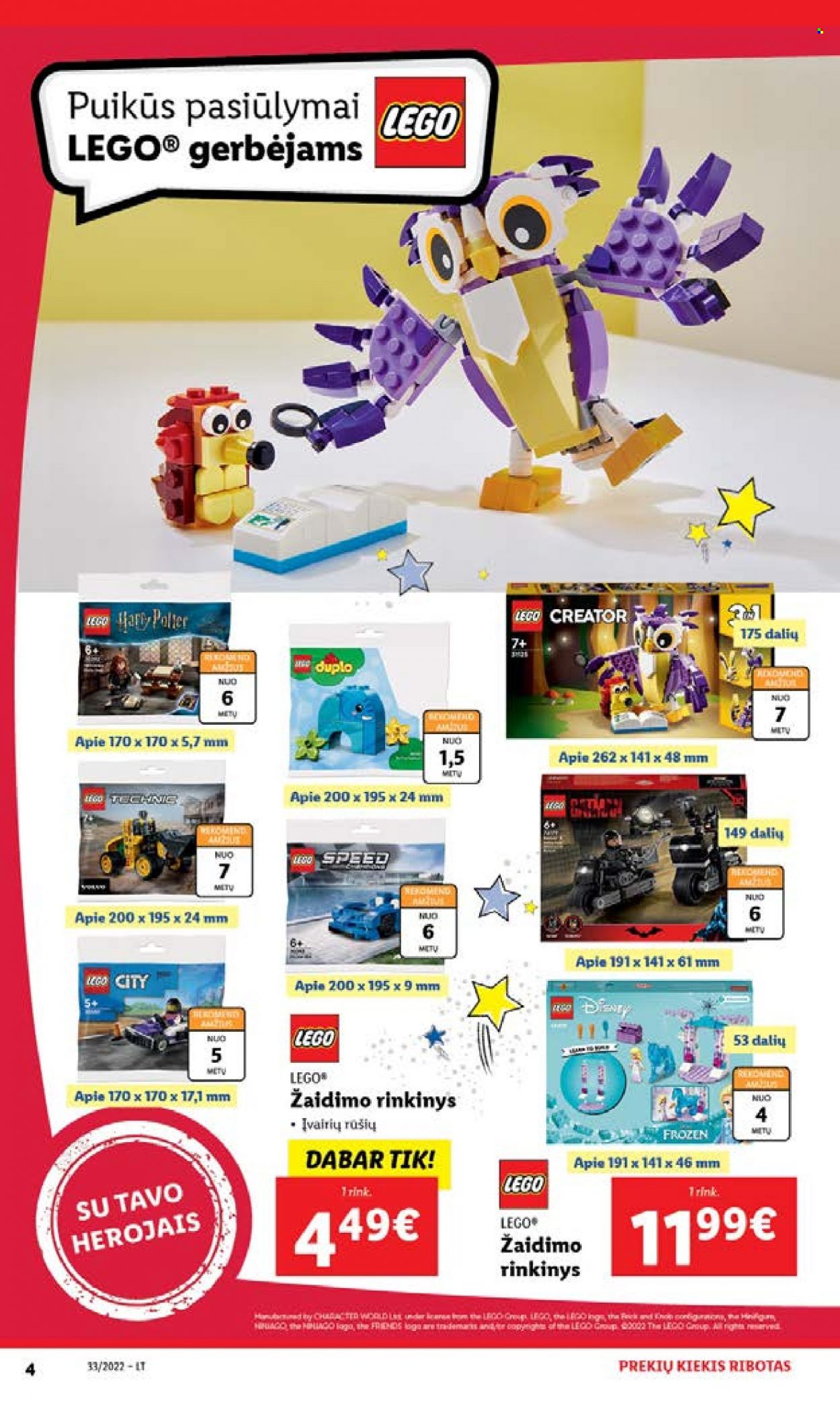 thumbnail - „Lidl“ leidinys - 2022 08 15 - 2022 08 21 - Išpardavimų produktai - Lego, Lego City, Lego Creator, Lego Harry Potter. 4 puslapis.