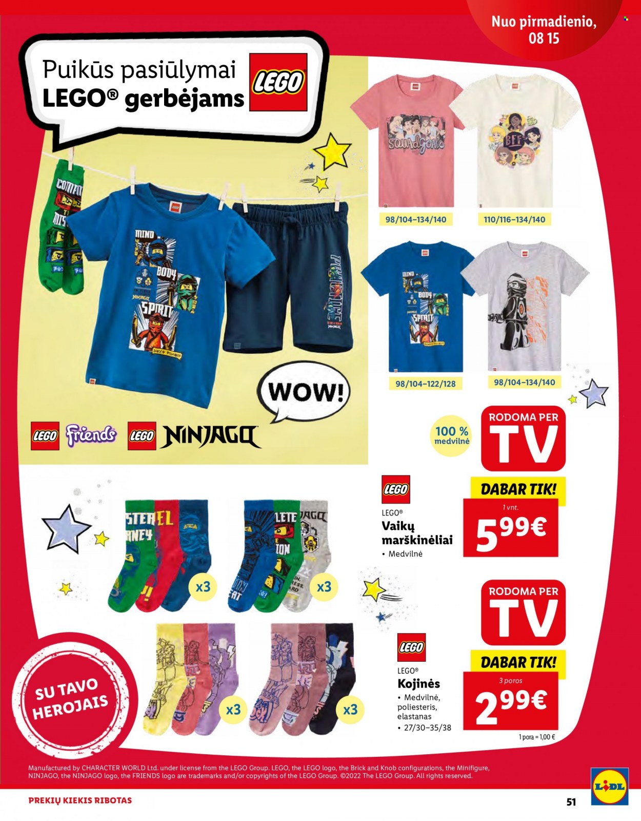 thumbnail - „Lidl“ leidinys - Išpardavimų produktai - marškinėliai, kojinės, Lego, Lego Friends, Lego Ninjago. 51 puslapis.
