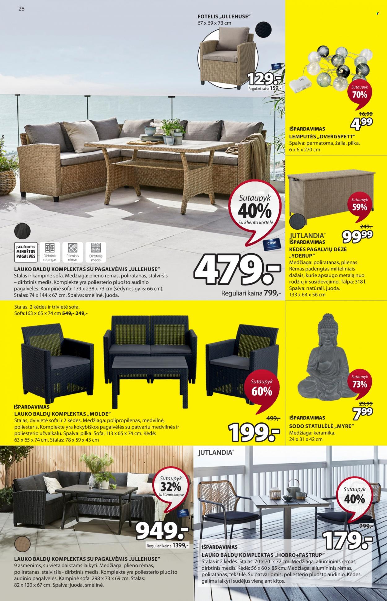 thumbnail - „JYSK“ leidinys - 2022 08 16 - 2022 09 12 - Išpardavimų produktai - dėžė, foteliai, sofa, lemputé, rėmas, kėdė. 28 puslapis.
