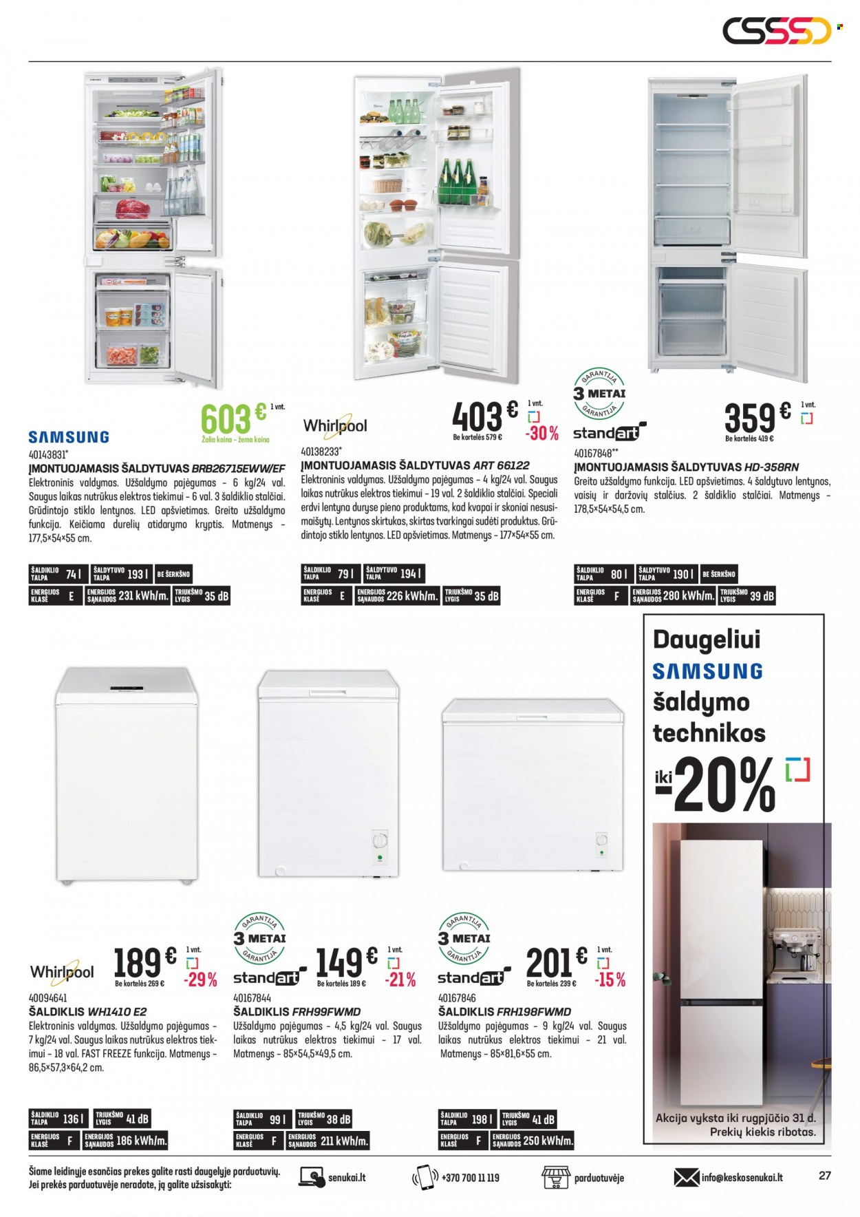 thumbnail - „Senukai“ leidinys - 2022 08 17 - 2022 09 12 - Išpardavimų produktai - įmontuojamasis šaldytuvas, šaldiklis, šaldytuvas. 27 puslapis.