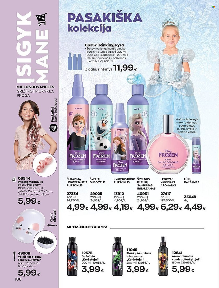 thumbnail - „Avon“ leidinys - 2022 09 01 - 2022 09 30 - Išpardavimų produktai - Disney Frozen, Avon, dušo želé, plaukų šampūnas, shampoo, šampūnas, lūpų balzamas, plaukų šepetys, šepetys, Disney. 188 puslapis.