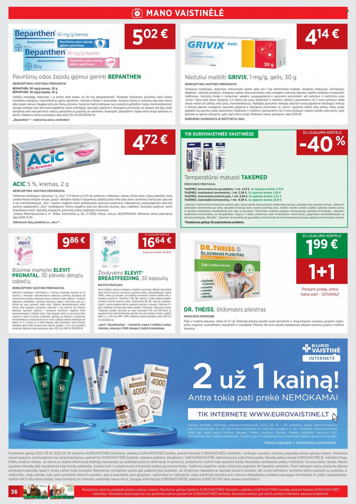 thumbnail - „EUROVAISTINĖ“ leidinys - 2022 09 01 - 2022 09 30 - Išpardavimų produktai - kremas, B12, Bepanthen, Dr. Theiss, omega 3. 36 puslapis.