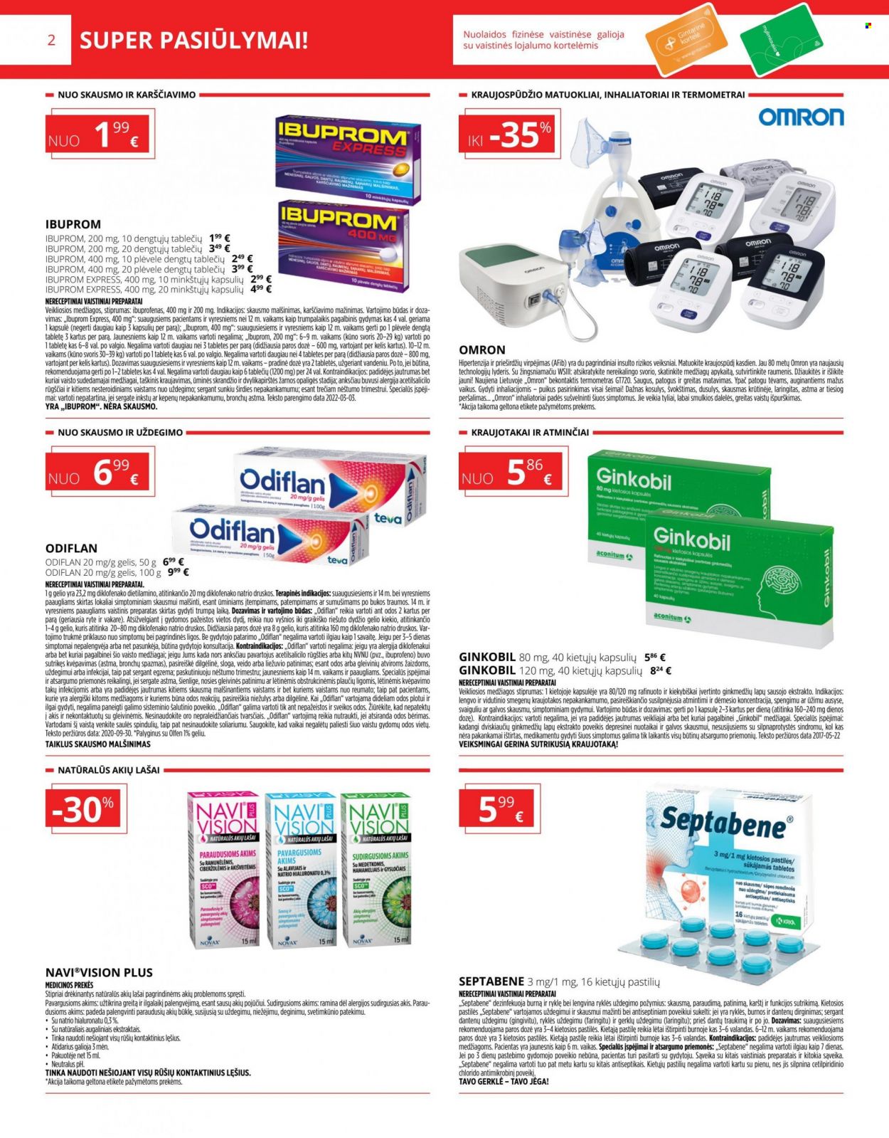 thumbnail - „Gintarinė vaistinė“ leidinys - 2022 09 01 - 2022 09 30 - Išpardavimų produktai - Ginkobil, Ibuprom, Olfen. 2 puslapis.