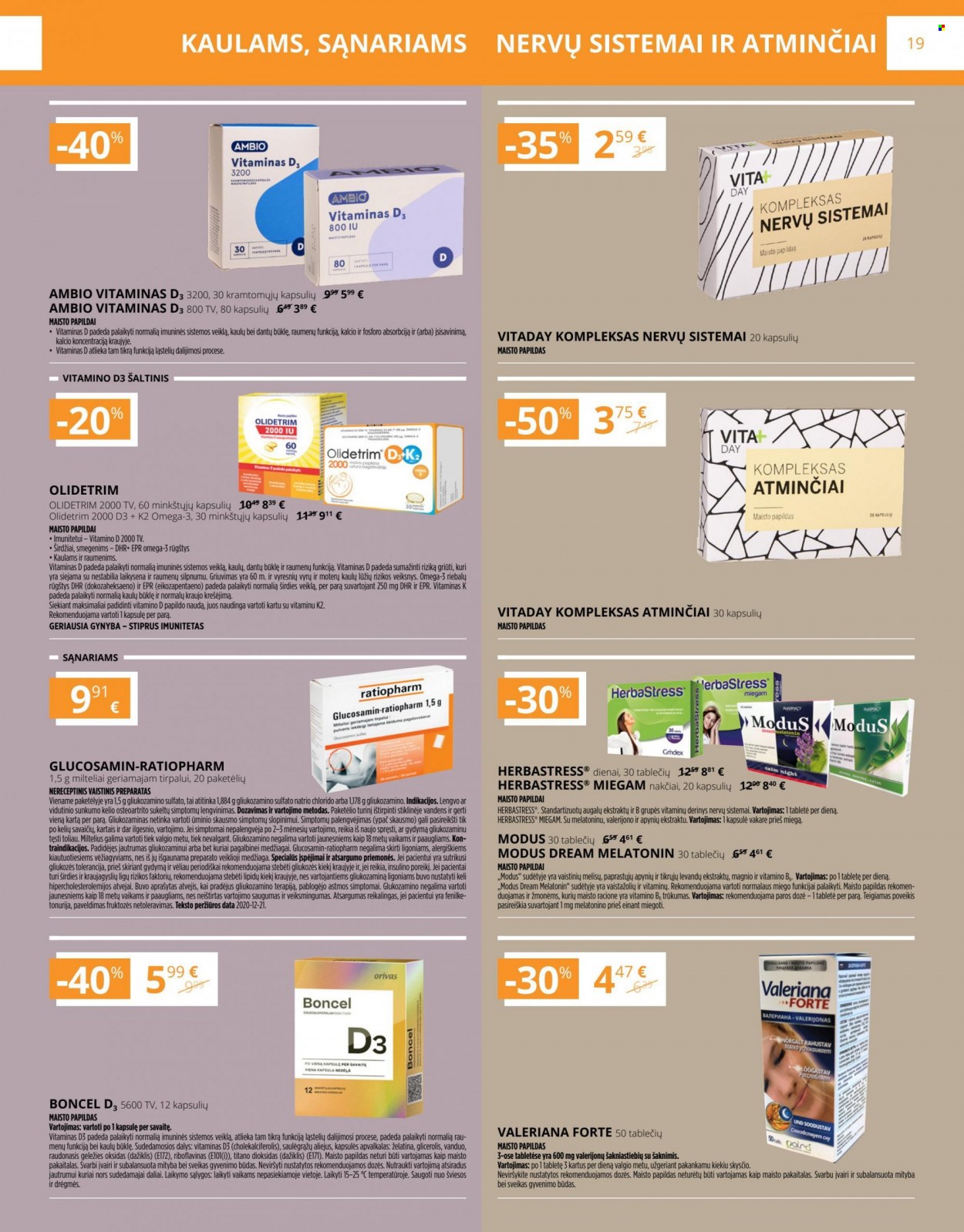 thumbnail - „Gintarinė vaistinė“ leidinys - 2022 09 01 - 2022 09 30 - Išpardavimų produktai - Glucosamin, maisto papildai, Melatonin, omega 3. 19 puslapis.